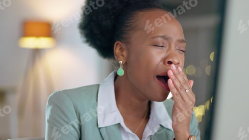 Preview: Tired black woman, yawn and night in burnout or overworked on computer at the office. Exhausted Afr