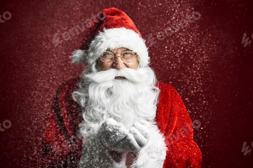 Preview: Close up of caucasian Santa Claus on red background blowing snow