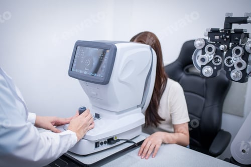 Preview: Woman optical shop customer doing eyesight measurement with optical phoropter check eye distance for
