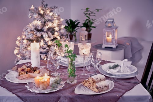 Preview: Table setting for celebration Christmas and New Year Holidays. Festive table at home.