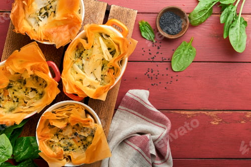 Preview: Filo pies with soft feta cheese and spinach in ceramic molds on old red wooden table backgrounds. Fi