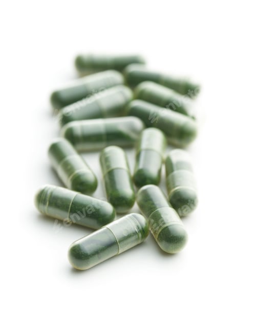 Preview: Green chlorella pills or green barley pills.