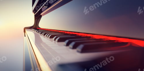 Preview: Grand piano keyboard on sunset sky
