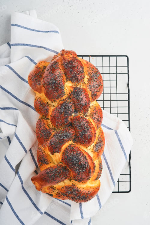 Preview: Challah bread. Sabbath kiddush ceremony composition. Freshly traditional baked homemade braided chal