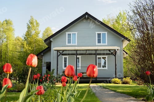 Preview: Contemporary house in countryside in spring. Russian dacha in Moscow region.