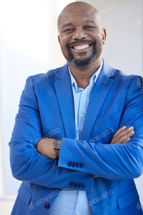 Preview: Business ceo, black man leadership and portrait in blue suit, corporate company and happy job manag