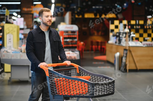 Preview: Portrait of smiling man walking with his trolley on aisle at supermarket.