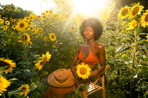 Preview: Beautiful afro american woman in a sunflowers field