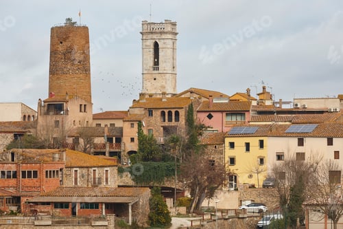 Preview: Traditional baix emporda village of Cruilles. Tower and church. Spain