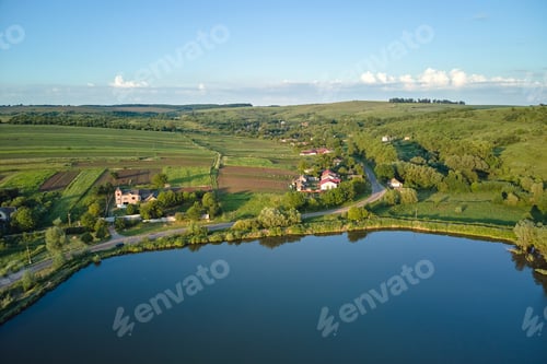 Preview: Aerial view of fish hetching pond with blue water in aquacultural area