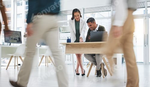 Preview: Collaboration, man and woman in busy office with laptop, advice and project management. Meeting at