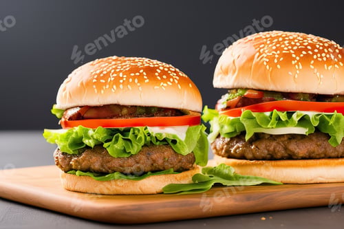 Preview: homemade tasty burgers on wood table.