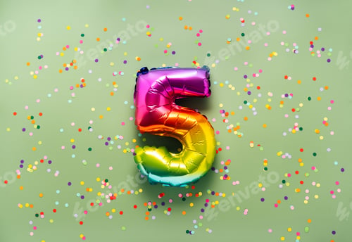 Preview: Colorful balloon number 5 on light green background