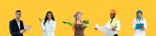 Preview: People Of Different Professions Posing Together On Yellow Studio Background
