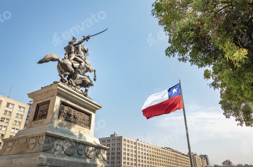 Preview: Bernando O'Higgins General Statue at Bulnes Square and Bicentenario Chilean flag - Santiago, Chile