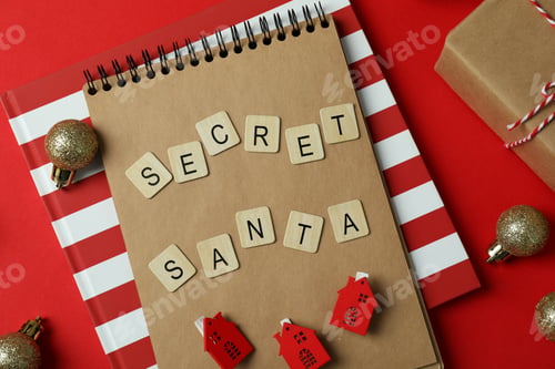 Preview: Secret Santa and Christmas composition on red background