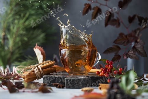 Preview: Tasty tea splashes in glass cup on table with ingredients