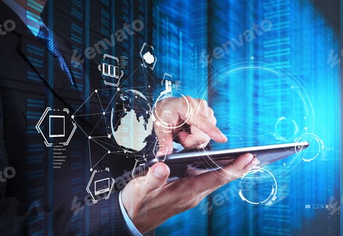 Preview: Double Exposure Of Businessman Shows Modern Technology As Concept