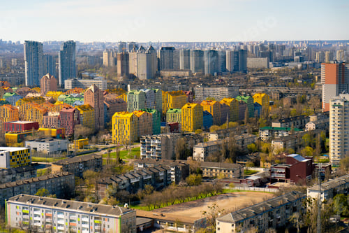 Preview: view from the roof of huge multi-colored metropolis many houses urban spring landscape high-rise