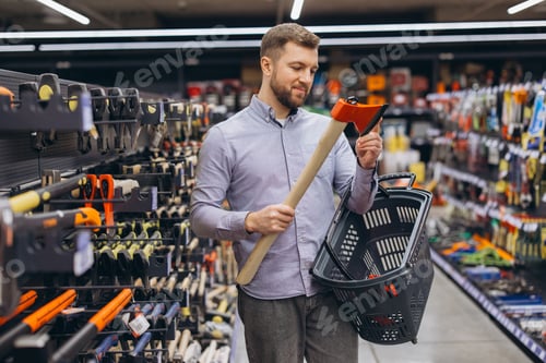 Preview: Man shopping for home improvement tools at a hardware store, choosing an axe for a DIY project