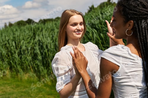 Preview: Young beautiful couple laughing together in a sunny field under a clear sky