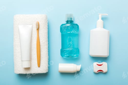 Preview: Mockup for bathing products top view flat lay, spa razor, toothpaste,