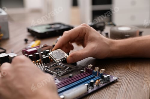 Preview: Male technician repairing motherboard at table, closeup