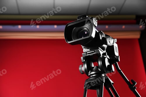 Preview: Modern video camera with tripod in stylish studio, space for text