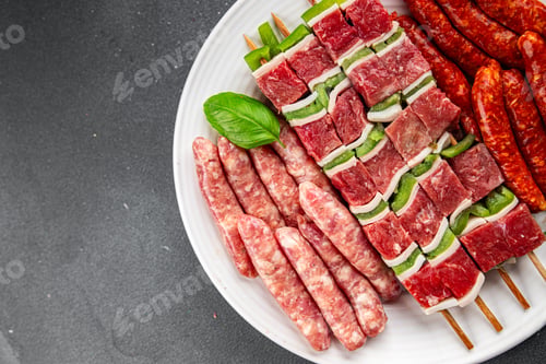 Preview: sausage meat assorted juicy pork, beef fresh delicious gourmet food background on the table rustick
