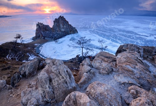 Preview: Shamanka Rock on Burkhan Cape at sunset, Baikal Lake, Olkhon Island, Siberia, Russia