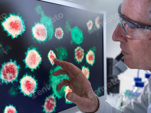 Preview: Scientist examining detailed virus images on a screen in a lab.