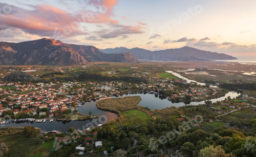 Preview: Aerial view of the mountains and a rural town