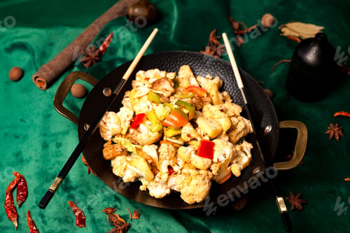 Preview: Chinese Cauliflower Dish in a Black Wok With Chopsticks and Spices