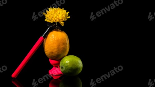 Preview: Composition with lemon, lime and rake on a black background