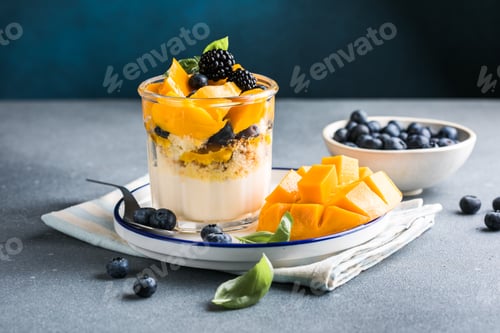 Preview: Trifle dessert with berries and cream on wooden table. Copy space
