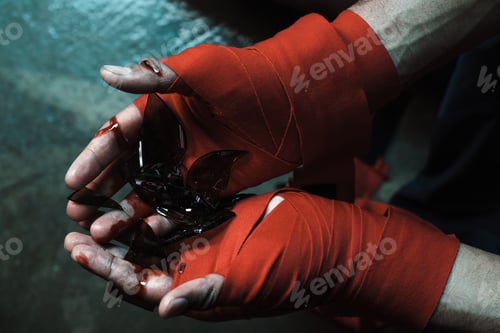 Preview: Muay Thai athlete holding glass shatters indoors, fight club concept