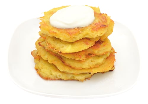 Preview: Golden Potato Pancakes Stacked on Plate With Sour Cream