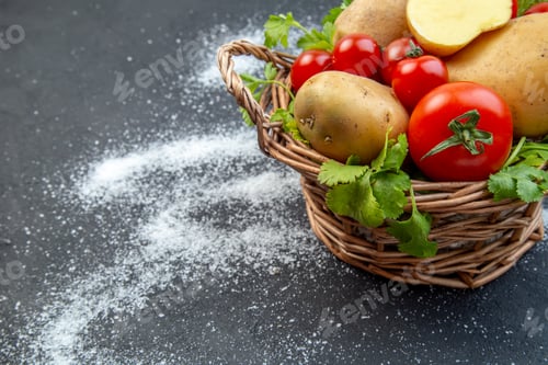 Preview: Front view of fresh raw vegetables and green in a wooden basket on the left side on a black white
