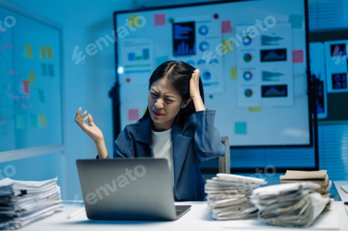 Preview: Stressed businesswoman works late at office, overwhelmed by deadlines and paperwork, battling burnou