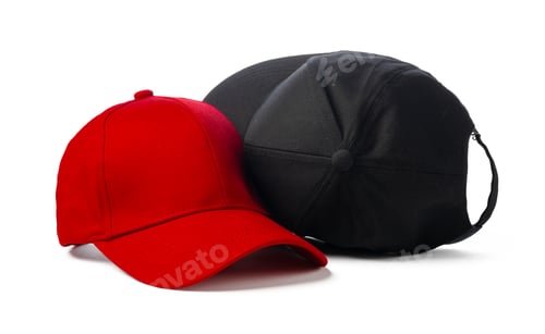 Preview: Black and Red Baseball Caps on White Background