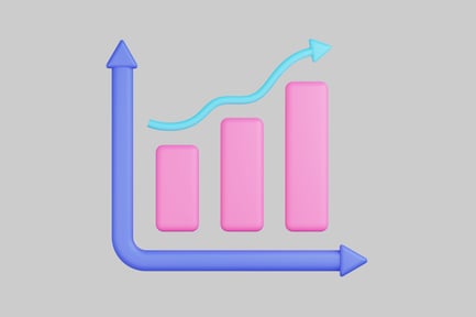 Bar graph with pink bars and blue arrow