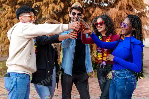 Preview: Group of Friends Celebrating Birthday: Cheers, Laughter, and Fun under Colorful City Park Trees