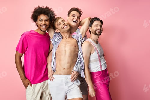Preview: Joyful queer friends celebrating pride with vibrant colors and smiles in a bright setting