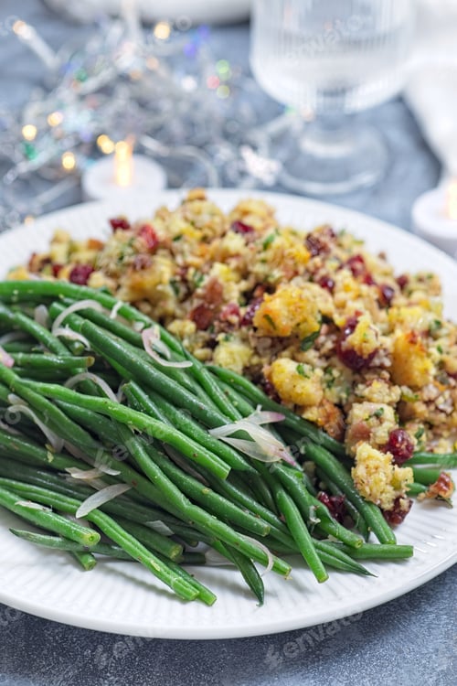 Preview: Green beans with caramelized shallots and Traditional Cranberry pecan cornbread dressing, vertical