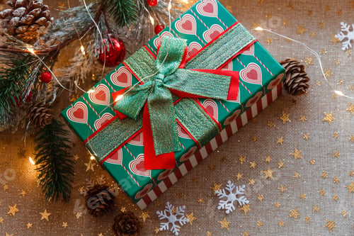 Preview: Christmas or new year red and green gift box with decoration