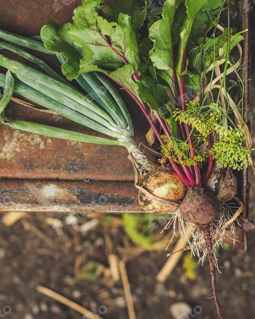 Preview: Vegetables - To Reap A Crop (Beet, Garlic, Onions, Fennel, Greens And Another). Food Background