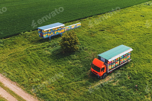 Preview: Aerial shot of apiary truck with colorful beehive wooden crates in trailer