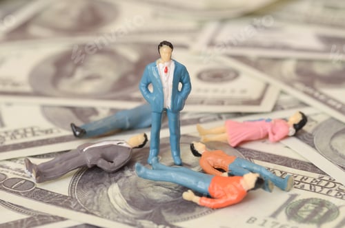 Preview: The businessman, elevated above his fallen peers on a pile of banknotes