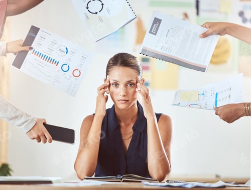 Preview: Work, stress burnout and anxiety headache of a business woman overwhelmed with work documents. Tax