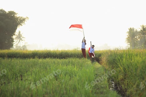 Preview: Indonesian elementary student waving a flag happily